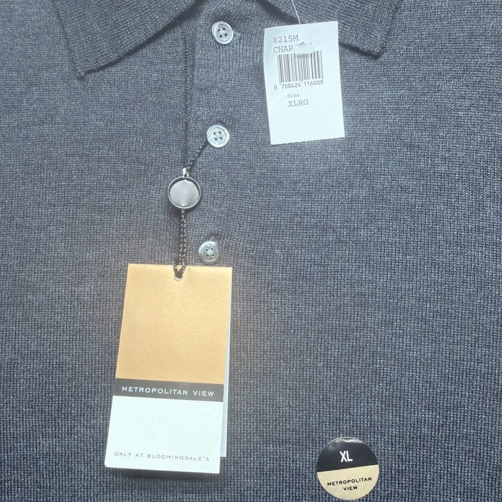 Merino Wool Polo Sweater Gray‎ Long Sleeve Knit Mens XL Metropolitan View